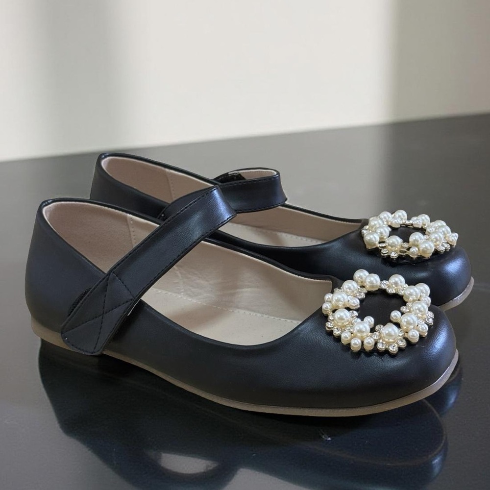 Coutgo Black Ballet Flats Kids Size 4Y Pearl Strap Dress Shoes Chic New